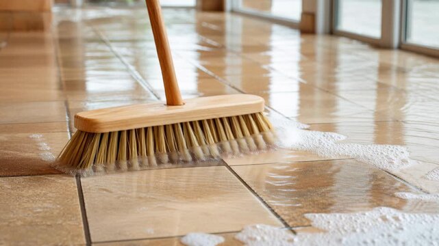 A wooden broom with bristles sweeps soapy water across a tiled floor, creating foam and reflections.