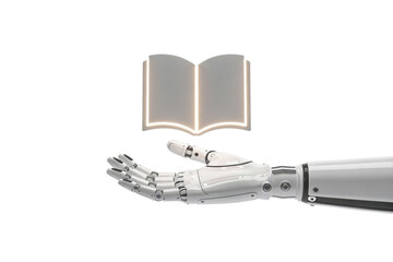 Robotic hand presenting an open glowing book on transparent background, ideal png clipart for education platforms, digital libraries, knowledge bases, e-learning interfaces and training content visual