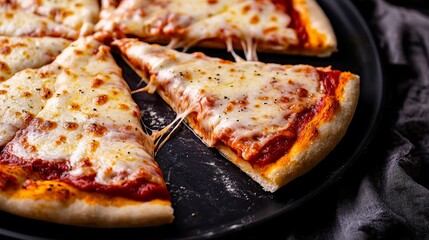 Delicious cheese pizza with melted strings of cheese on a black serving tray at a cozy restaurant