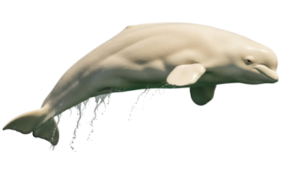 Isolated Beluga whale leaping from water, aquatic mammal with beautiful streamlined body