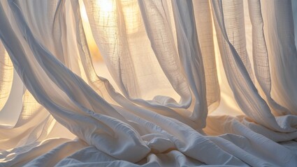 Morning light shines through soft, delicate, and crisp white curtains.