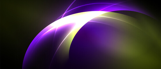Abstract design features curved lines, vibrant purple, yellow hues against dark background. Smooth gradients create luminous effect.