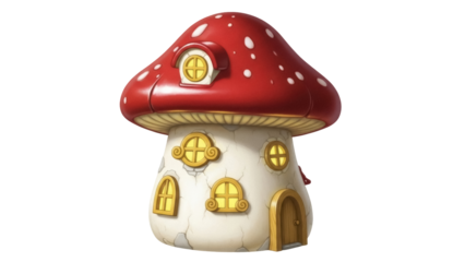 Isolated whimsical mushroom house, fairytale cottage with spotted roof, cartoon fantasy dwelling