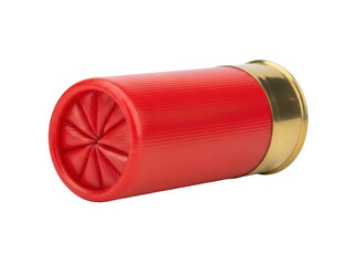 Isolated red shotgun shell cartridge close-up with brass base for target shooting in studio