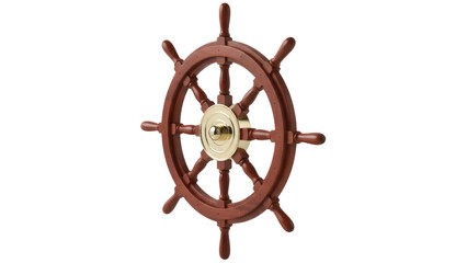 Isolated wooden ship's wheel with golden hub, nautical maritime navigation device © Aino