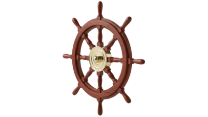 Isolated wooden ship's wheel with golden hub, nautical maritime navigation device