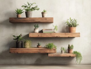 Decorative wooden shelves display various houseplants in a bright, minimalist interior