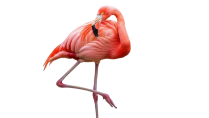 Isolated flamingo with pink feathers standing on one leg with its head bent downward