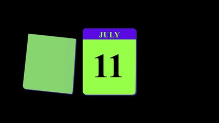 July calendar page turning animation from 1st to 31st on black background, monthly date flip countdown, schedule planning deadline countdown and date change transition, time passing concept,