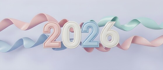 Cute New Year 2026 inscription with pastel ribbon on lilac background. Banner design of winter Holiday day, celebration, Christmas greeting card for the upcoming year with copyspace.