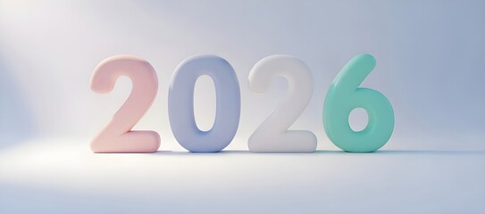 Minimalistic soft 2026 inscription with on white background. Banner design of winter Holiday day, celebration, Christmas greeting card for the upcoming year with copyspace.