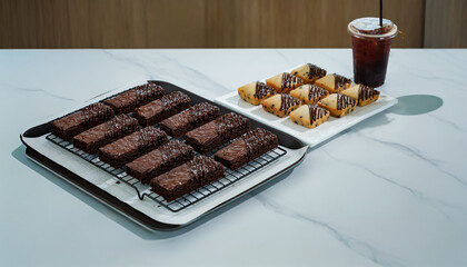 A variety of French pastries, arranged on serving plates, are prepared for sale in a pastry shop.