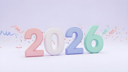 Cute New Year 2026 inscription with pastel confetti on lilac background. Banner design of winter Holiday day, celebration, Christmas greeting card for the upcoming year with copyspace.