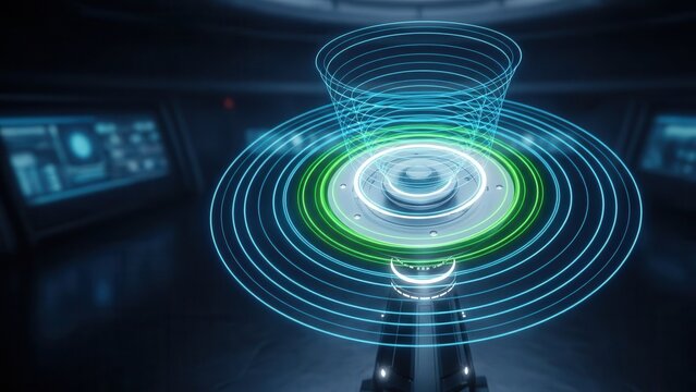 A futuristic holographic display with glowing blue and green concentric rings emanates energy within a dark, high-tech control room. - Powered by Adobe