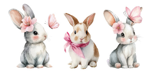 Set of watercolor Easter bunnies with spring flowers, butterflies and bows. Collection of cute bunny cliparts. Cute animals for Easter and spring designs. © Narin