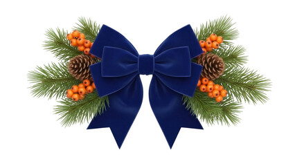 Isolated festive blue bow with pine branches, rowan berries, and pine cones for the holidays
