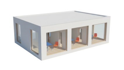 Isolated three-room minimalist box with windows, simple modern architecture, interior view