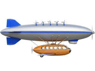 Isolated vintage airship and passenger plane, retro flying machine, fantasy vehicle design