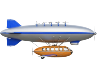 Isolated vintage airship and passenger plane, retro flying machine, fantasy vehicle design