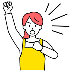 拳を上げて抗議するエプロン姿の女性
