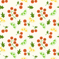 Background with cherry tomatoes, lime and lemon slices. The pattern is on beige and cream background.