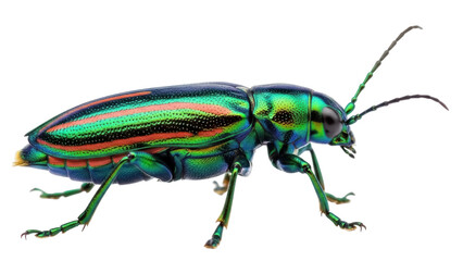 Isolated Metallic Jewel Beetle with Iridescent Stripes, Beautiful Insect, Macro Closeup