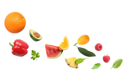 aerial photograph of diverse, colorful fruits and vegetables arranged on a dark background for health food advertising and blog content use