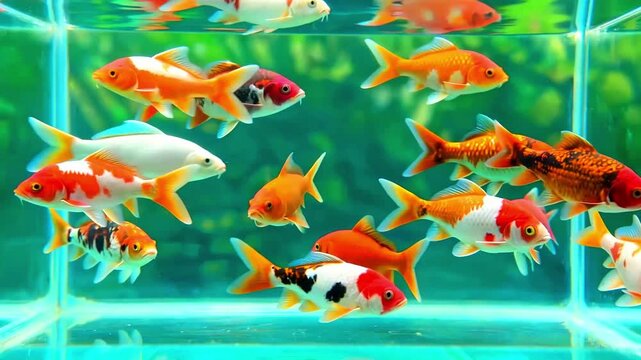Vibrant school of colorful goldfish swims gracefully within a clear glass aquarium tank showcasing bright orange and white patterns