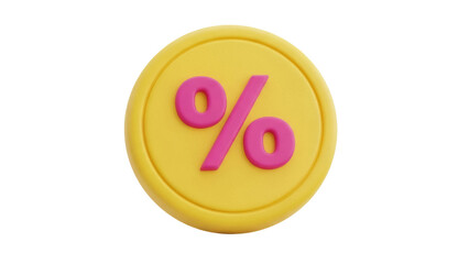 Isolated yellow round coin with pink percentage symbol representing discount or savings