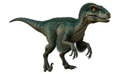 Isolated dinosaur raptor looking ahead on a solid surface, ready to strike its prey