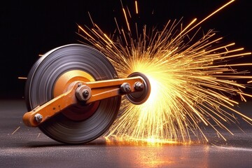 close-up industrial angle grinder with bright sparks and dynamic lighting over metal materials for manufacturing and workshop background