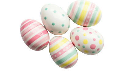 Isolated Easter eggs with candy striped and dotted designs, spring and celebration, holiday treat