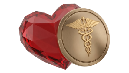Isolated heart shape with golden caduceus medical symbol for healthcare wellness theme