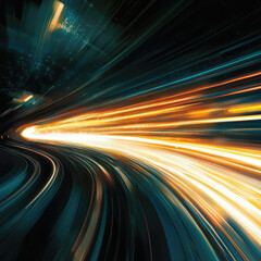 The concept of light in warped space. A blurred illustration of high-speed movement, a rapid flow in flashes of light.
