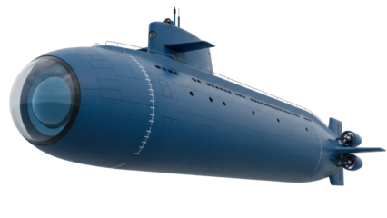 Isolated blue exploration submarine with observation dome, concept of underwater vehicle