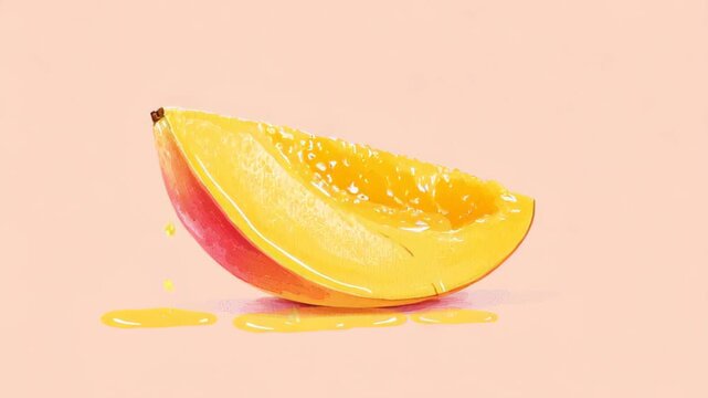 watercolor illustration of mango slice with juicy detail, pastel orange background, minimal food illustration