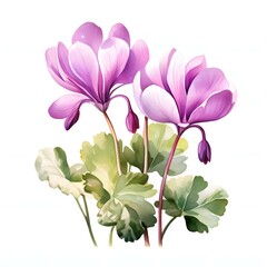Obraz premium Watercolor painting of delicate cyclamen flowers with green and cream colored leaves on white background