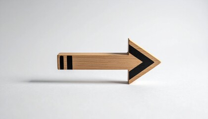 Wooden arrow with black tip and stripes points right on gray, blending natural texture with bold design.