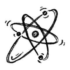 Hand drawn atom sign Molecule clipart in doodle style Single element for print, web, design, decor Symbol of science, education, nuclear energy, scientific research, molecular chemistry