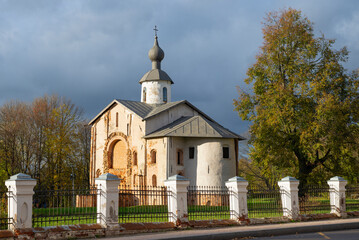 View of the medieval church of Paraskeva Friday at the Auction on October day. Veliky Novgorod, Russia