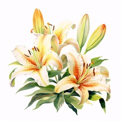 Elegant lilies with orange freckles rendered in a watercolor style on white background