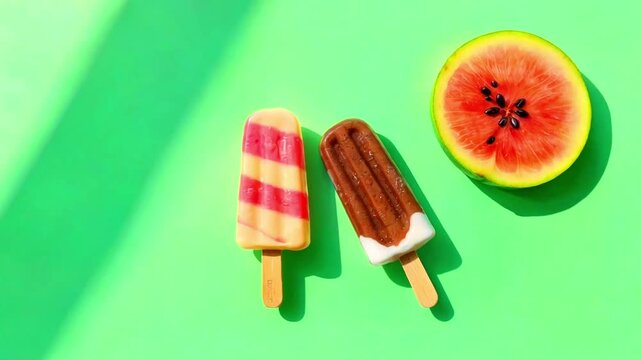 Two colorful frozen popsicles and a vibrant slice of watermelon rest on a bright green surface under strong sunlight creating sharp shadows