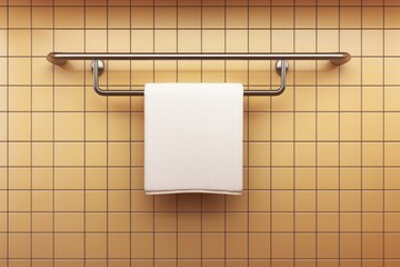 3d render of white towel hanging on metal rail with orange square tile background for bathroom interior and hygiene concept