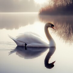 Fototapeta premium Elegant white swan on calm misty lake, serene water reflection, peaceful nature wildlife scene in soft morning light