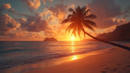 Natural tropical beach sunset scene with palm tree clear water and warm evening light