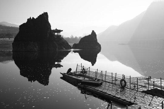 Black and White Landscape of Dodamsambong Rocks with Harbor, Reflection and Morning Fog, Danyang, Korea