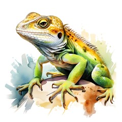 Obraz premium Watercolor painting of a vibrant iguana perched on a neutral surface