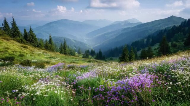 A mountain valley meadow filled with wildflowers, bordered by pine trees, with distant blue mountains under a partly cloudy sky.