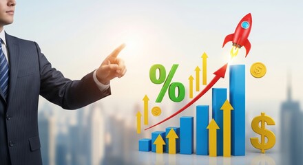 Includes a rising blue bar graph with yellow upward arrows, a large green percentage symbol, and floating golden dollar signs.