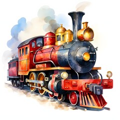 Fototapeta premium Vintage steam train with vibrant red and gold details in watercolor style